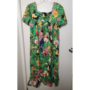 Vintage Hawaiian House Dress Hand Made Green‎ Tropical Ruffle Tier Small Medium